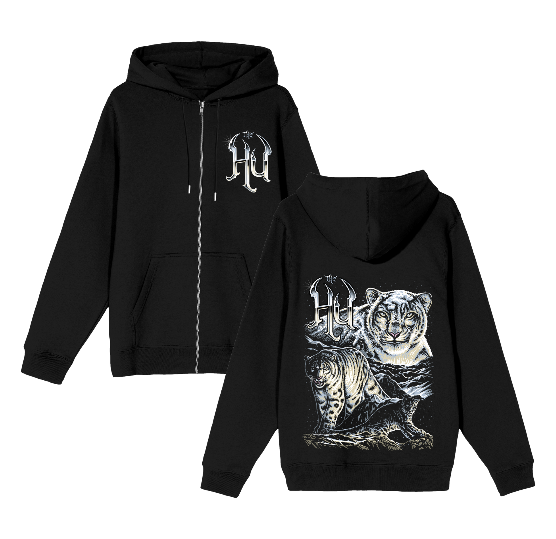Black zip-up hoodie featuring "The Hu" logo on the chest and a detailed graphic of two snow leopards in a snowy mountain landscape on the back