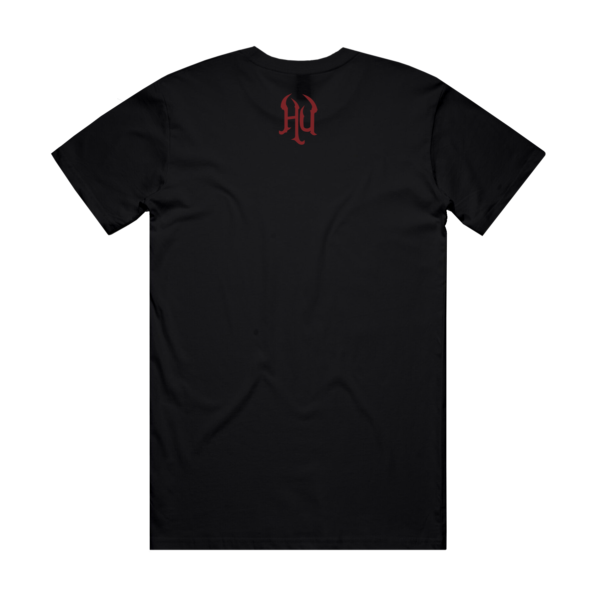 Black t-shirt featuring small red Hu symbol on the back
