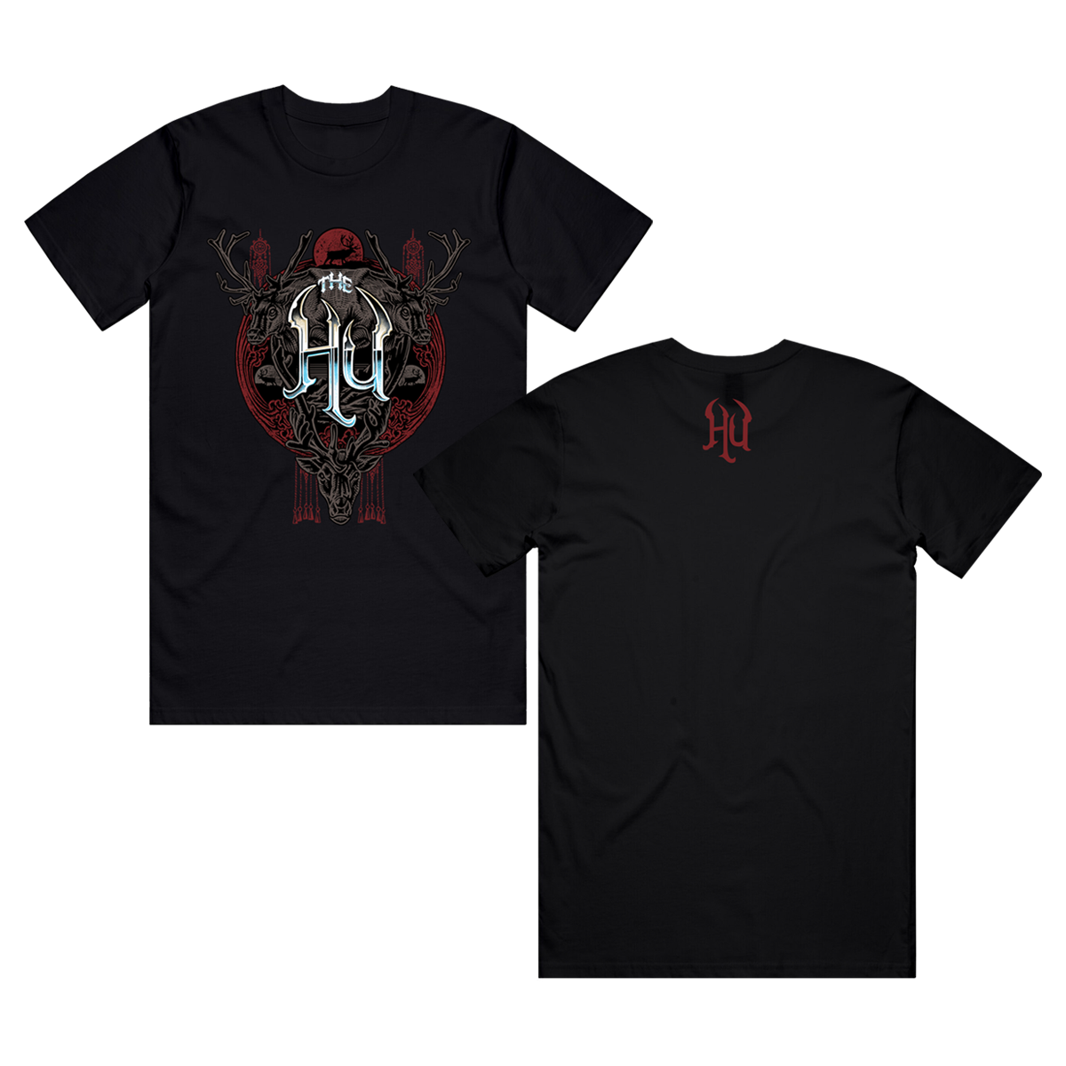 Black t-shirt featuring The Hu logo over a stylized reindeer skull with antlers and a red sun motif; back has small red Hu symbol.
