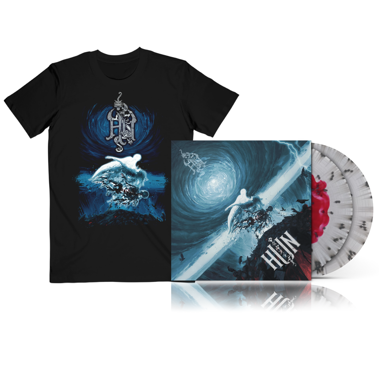 Black t-shirt and vinyl record set with artistic design on a white background