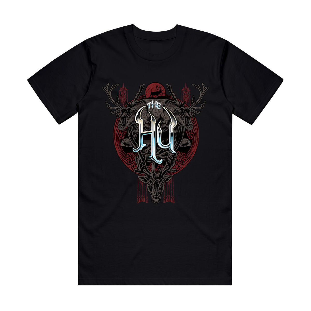 Black t-shirt featuring The Hu logo over a stylized reindeer skull with antlers and a red sun motif