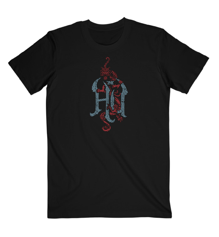 Black t-shirt with a colorful graphic design on a white background