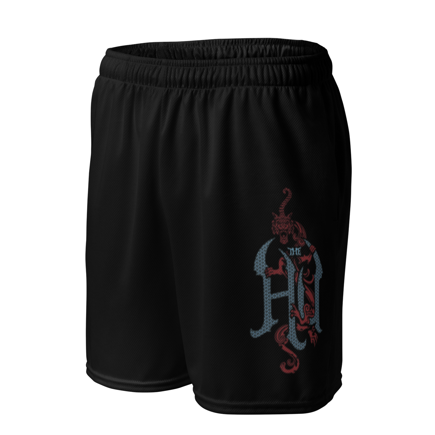 Black shorts with a decorative The Hu logo on a white background