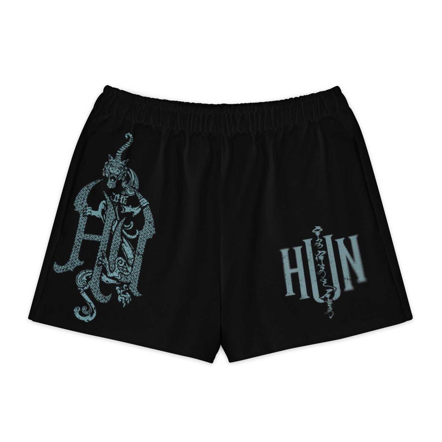 Black shorts with a decorative design and 'HUN' text on a white background
