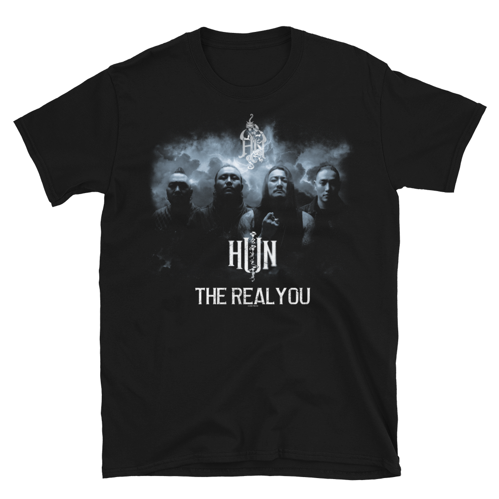 Black t-shirt with a graphic design of The Hu and text saying The Real You on a white background