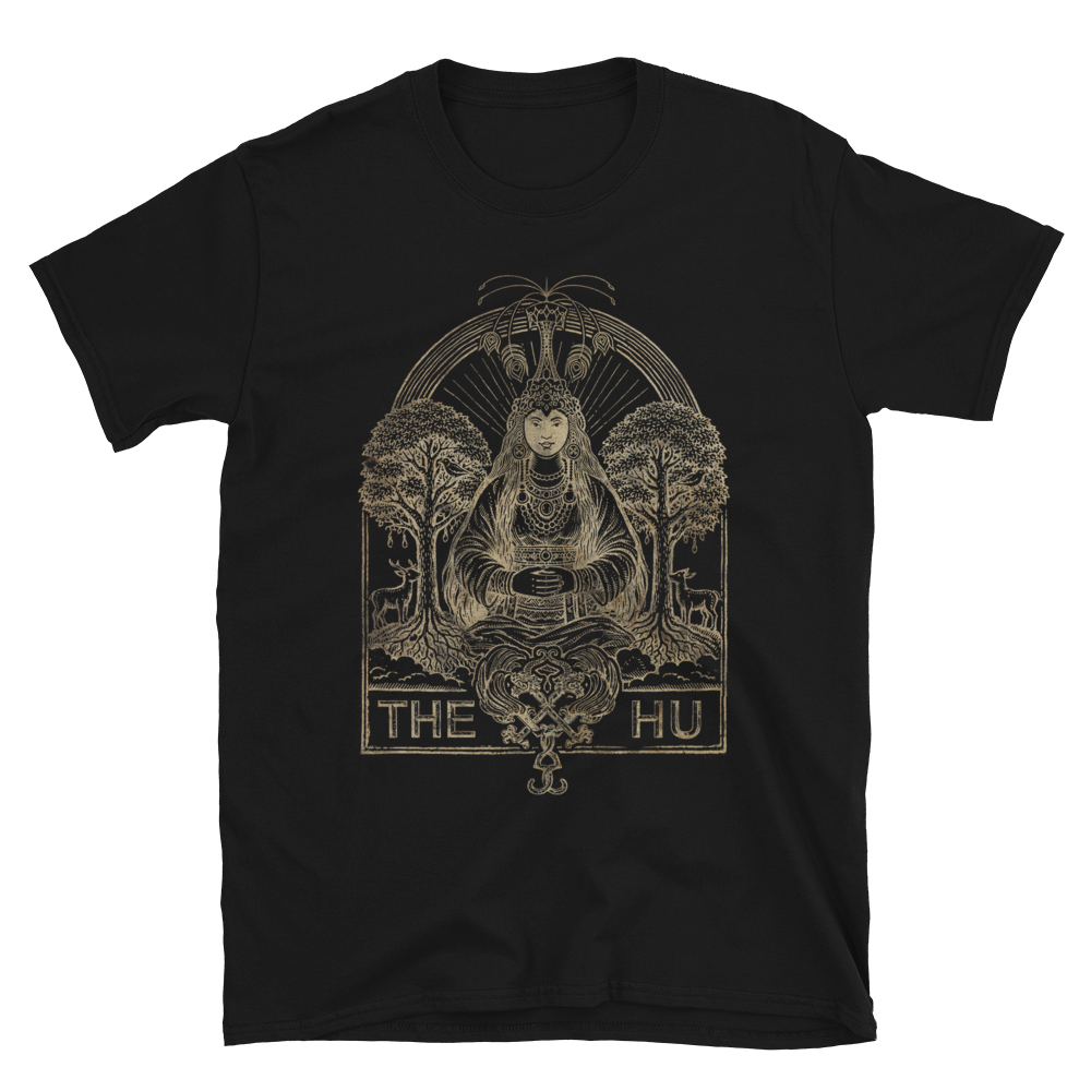 Black t-shirt with 'The Hu' graphic design on a white background