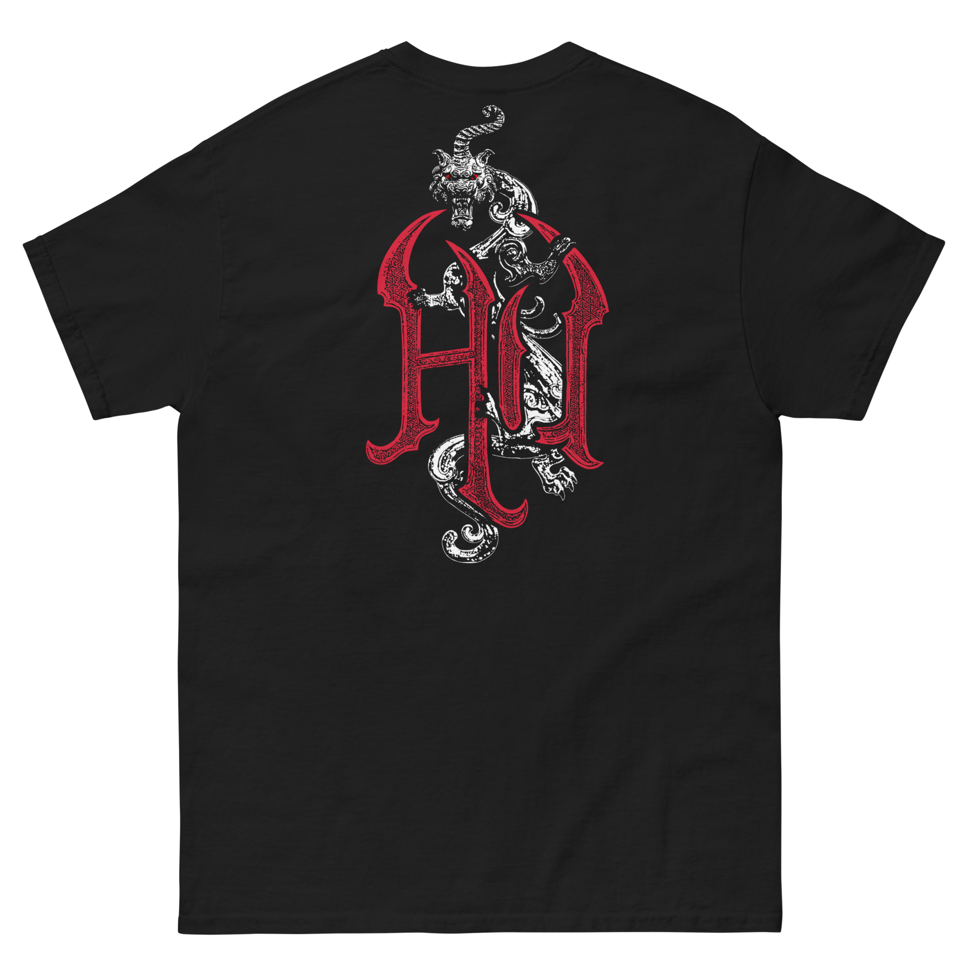 Black t-shirt with red and white graphic design on the back