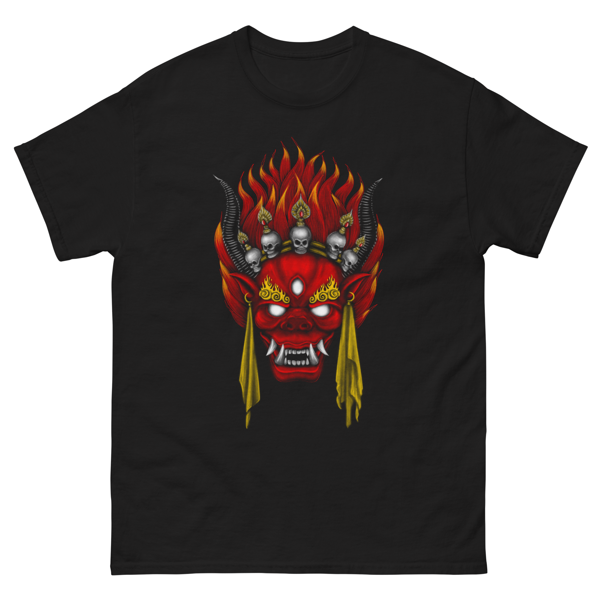 Black t-shirt with a red and yellow graphic design on a white background