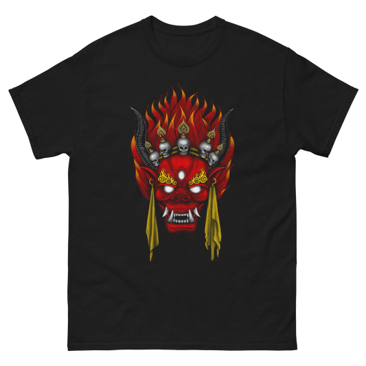 Black t-shirt with a red and yellow graphic design on a white background