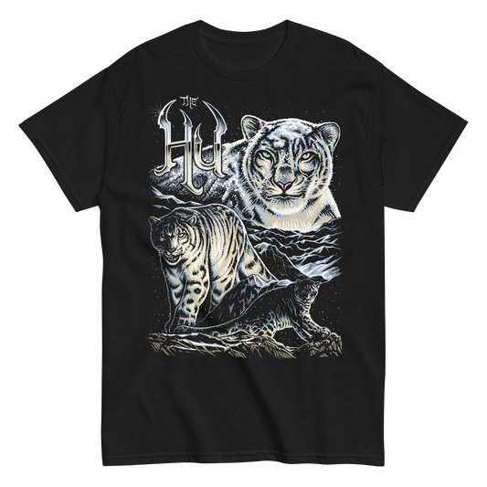 Black T-shirt featuring The Hu logo above a striking collage of snow leopards in a snowy mountain scene.