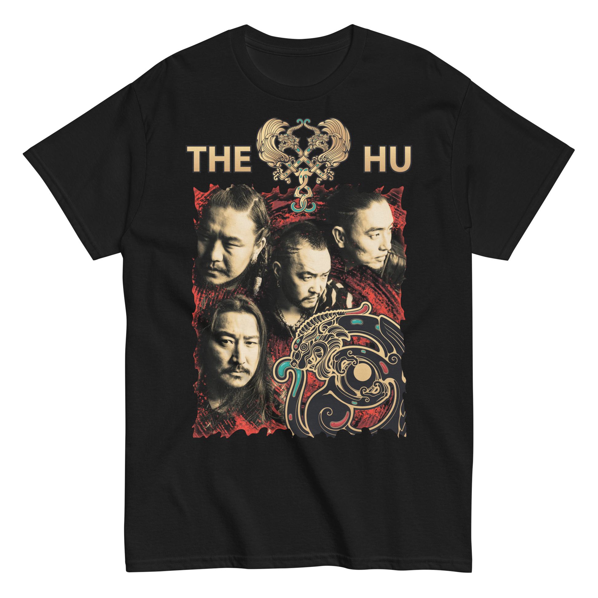 Black t-shirt featuring bold portraits of The Hu band members, traditional Mongolian-style motifs in red, gold, and turquoise, and the band’s name at the top.