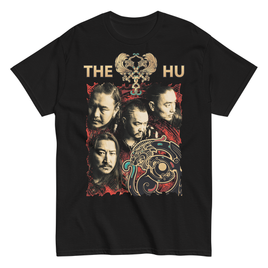Black t-shirt featuring bold portraits of The Hu band members, traditional Mongolian-style motifs in red, gold, and turquoise, and the band’s name at the top.