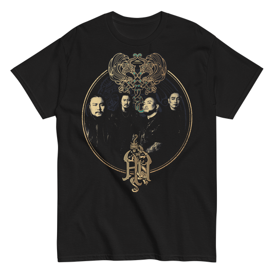 Black t-shirt featuring a photo of The Hu band members framed in ornate golden Mongolian-style detailing with the band’s logo beneath.