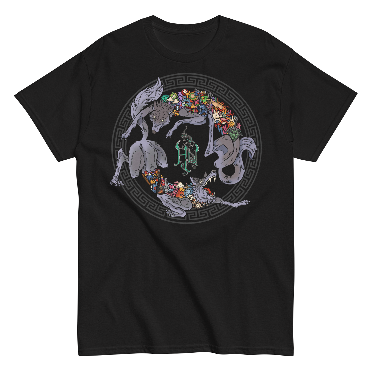 Black t-shirt featuring a circular design of wolves interwoven with vibrant symbols and The Hu logo at the center.