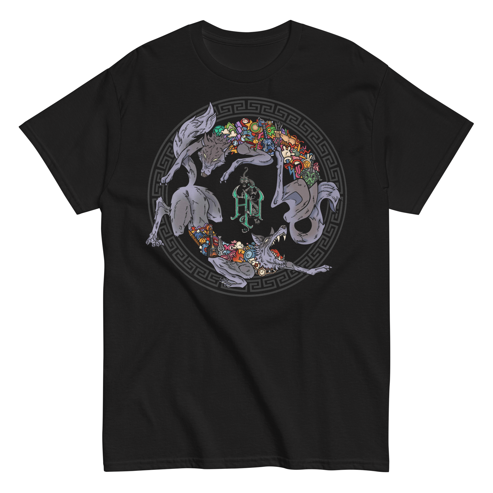 Black t-shirt featuring a circular design of wolves interwoven with vibrant symbols and The Hu logo at the center.