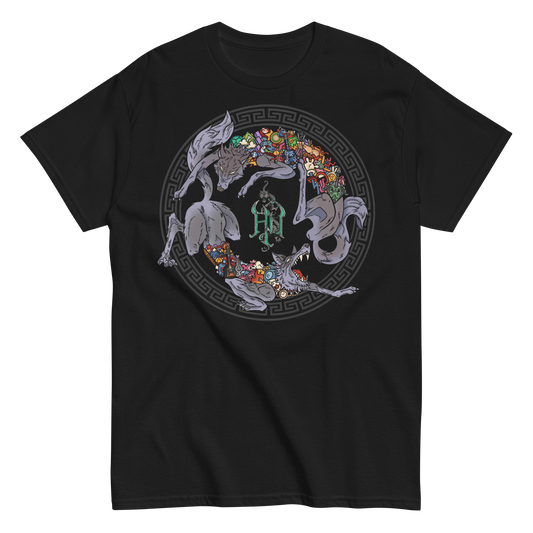 Black t-shirt featuring a circular design of wolves interwoven with vibrant symbols and The Hu logo at the center.