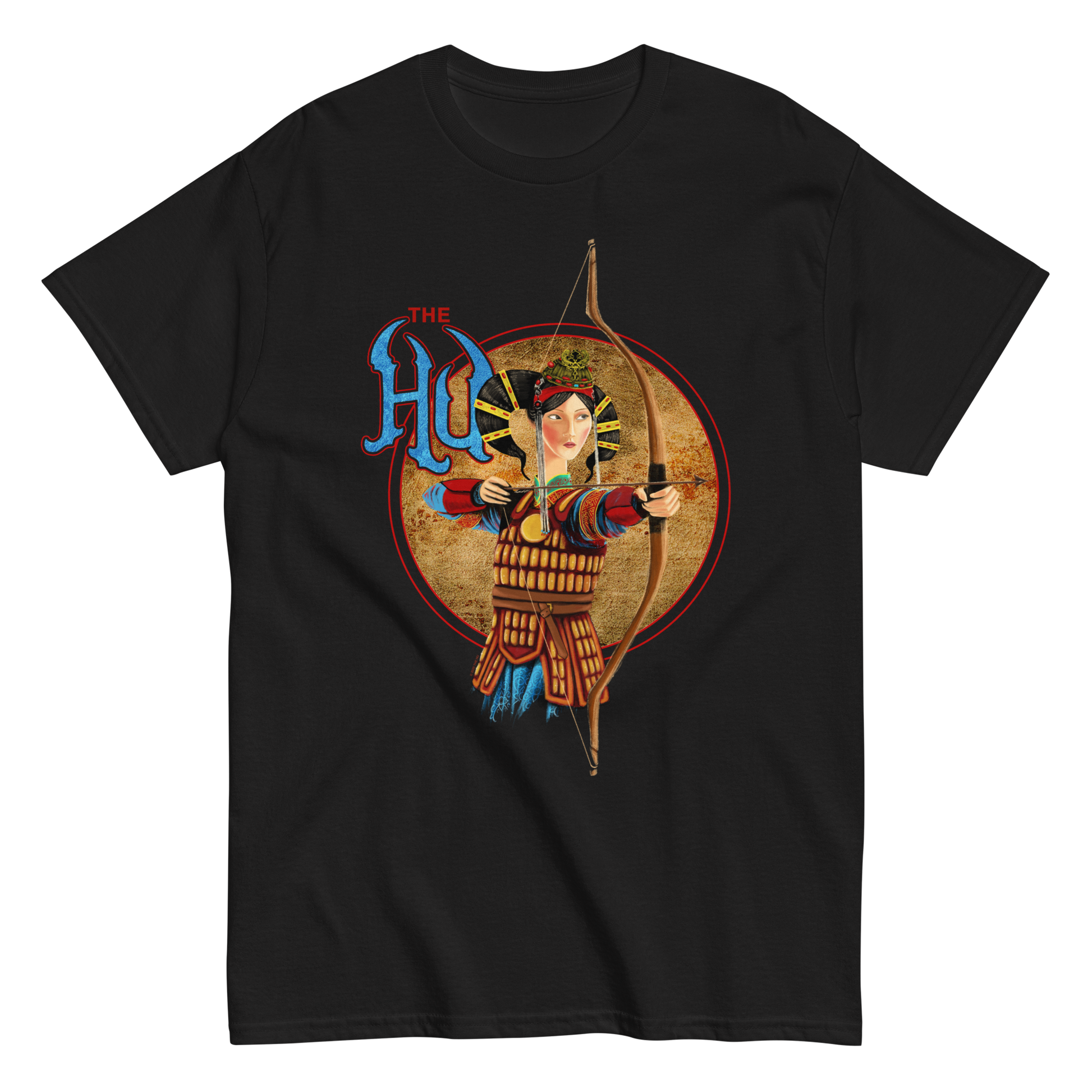 The HU black band t-shirt featuring a painted female archer in traditional Mongolian armor with a bow and arrow.