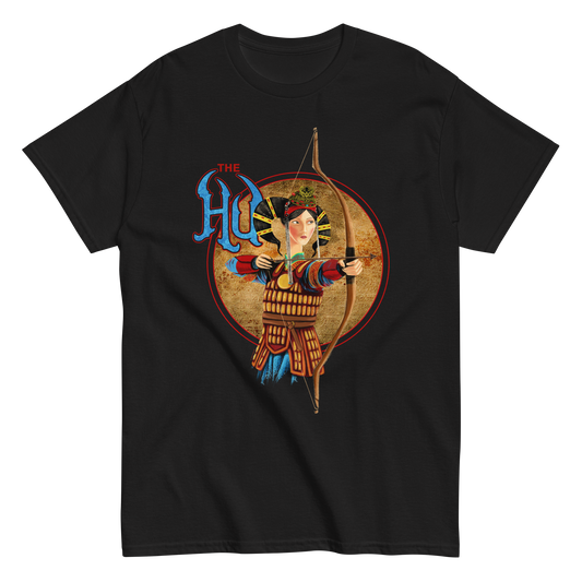 The HU black band t-shirt featuring a painted female archer in traditional Mongolian armor with a bow and arrow.