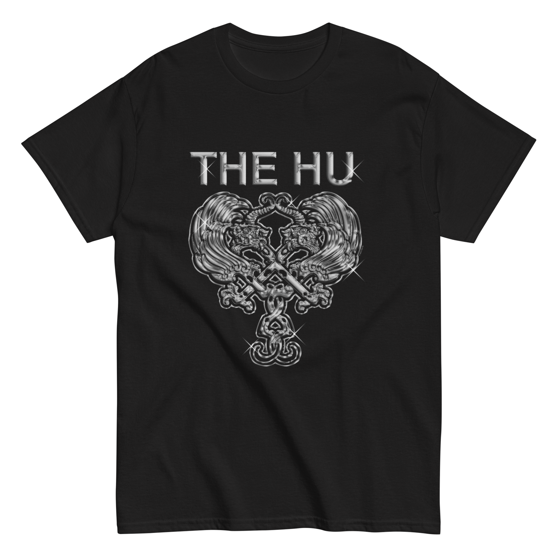 Black t-shirt with chrome crest design and “The Hu” text in metallic style.
