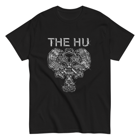 Black t-shirt with chrome crest design and “The Hu” text in metallic style.