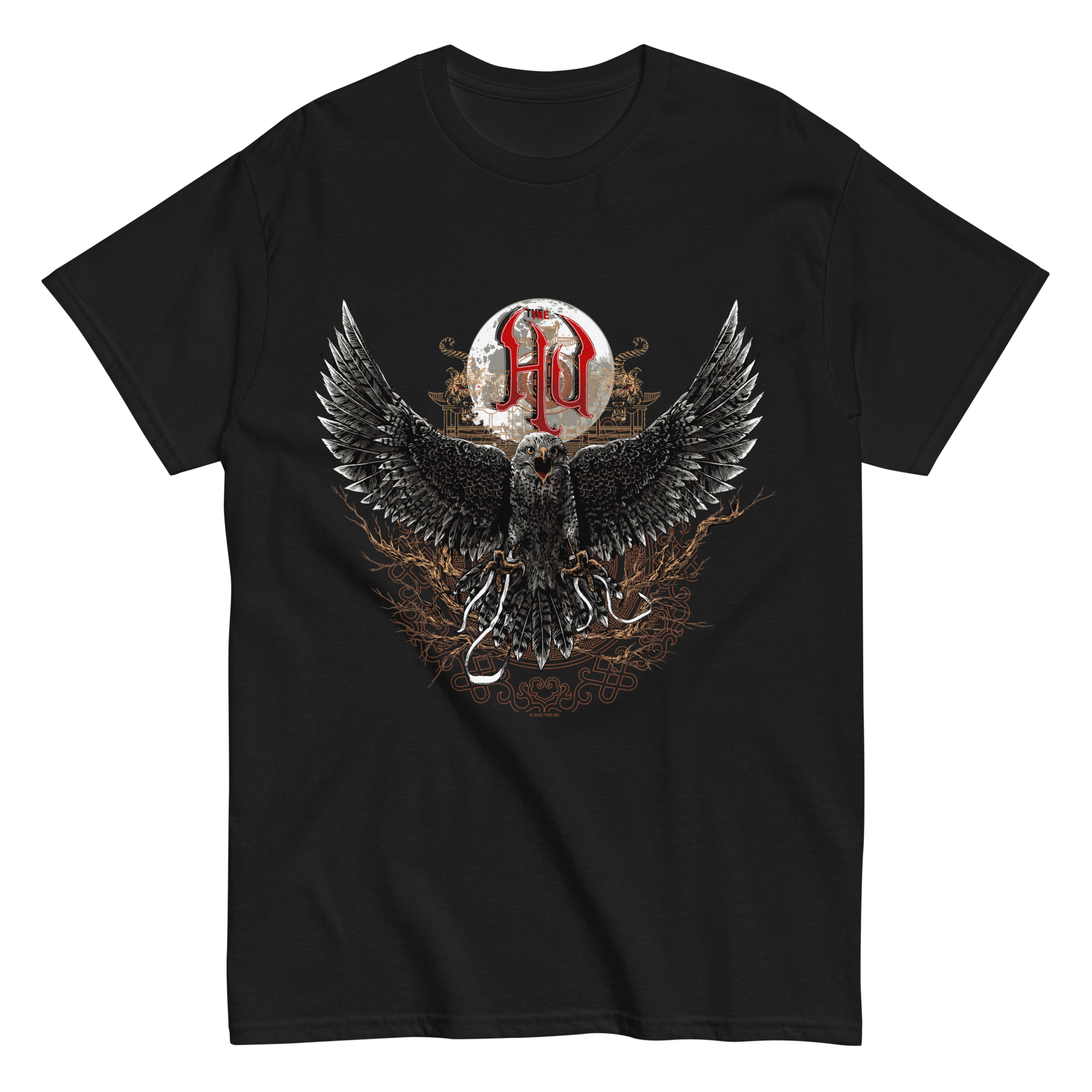 Black t-shirt featuring The Hu’s red crest above a detailed hawk graphic.