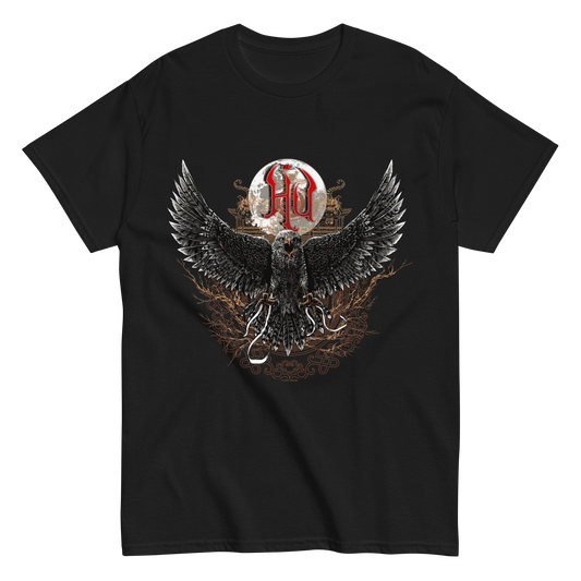 Black t-shirt featuring The Hu’s red crest above a detailed hawk graphic.