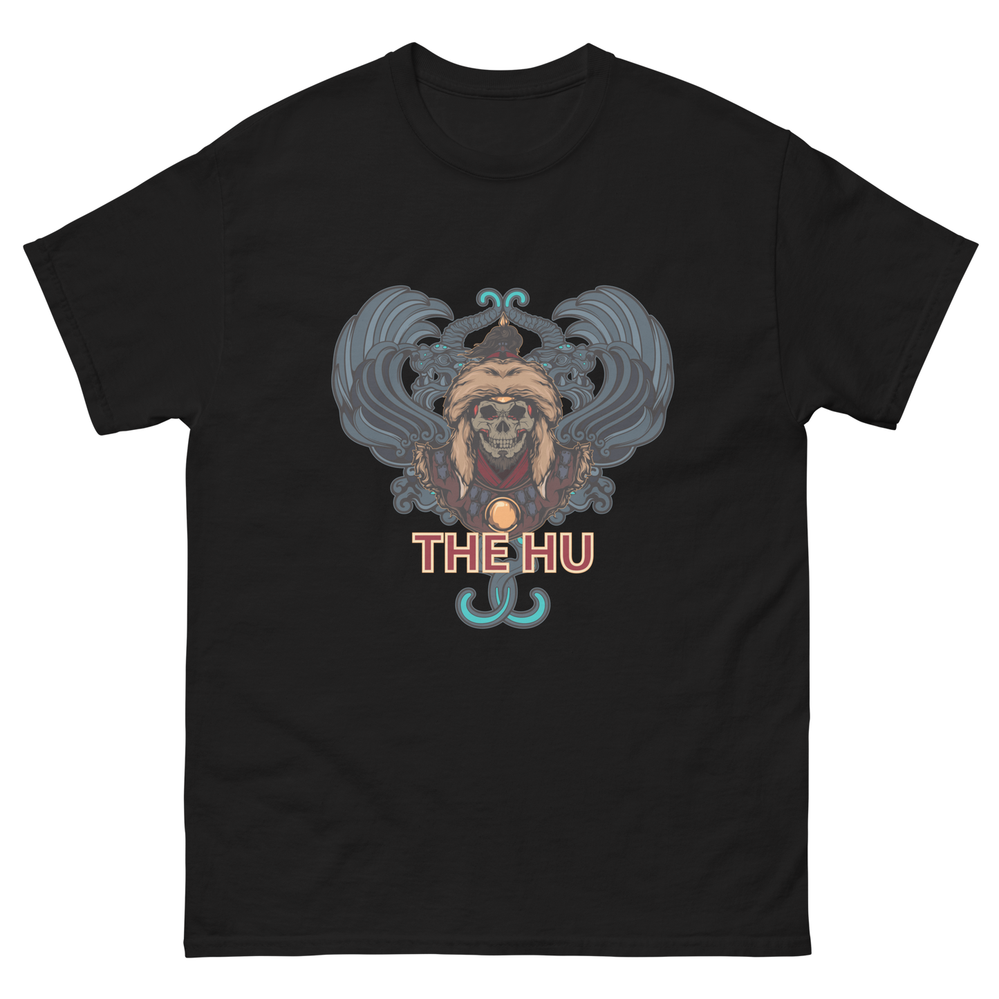 Black t-shirt featuring The Hu logo beneath a stylized skull in a fur hat with swirling blue accents.