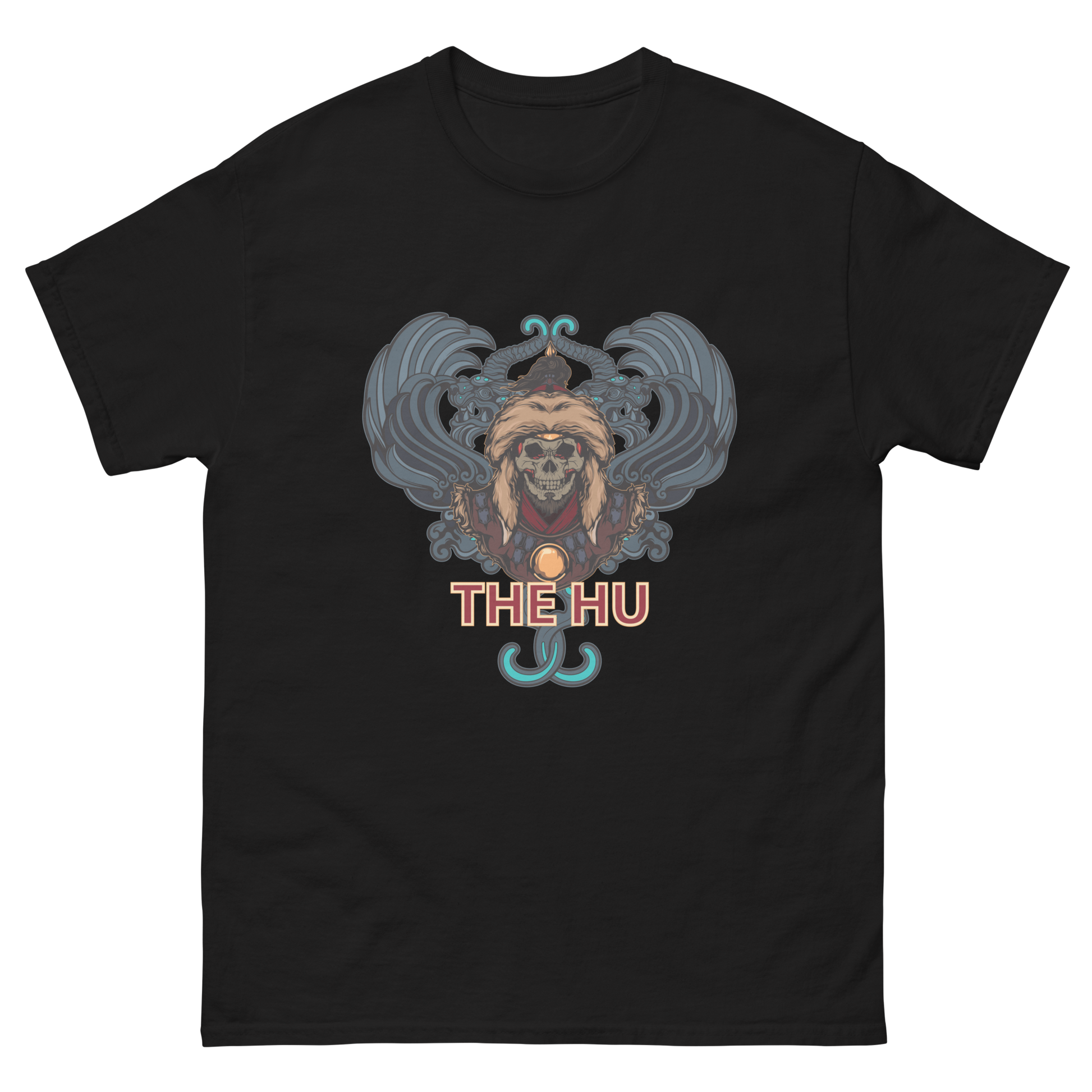 Black t-shirt featuring The Hu logo beneath a stylized skull in a fur hat with swirling blue accents.