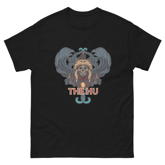 Black t-shirt featuring The Hu logo beneath a stylized skull in a fur hat with swirling blue accents.