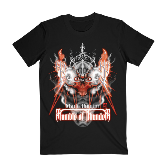 Black t-shirt featuring a neon-accented graphic with a central skull-like figure, lightning bolts, and the text "Black Thunder" and "Rumble of Thunder