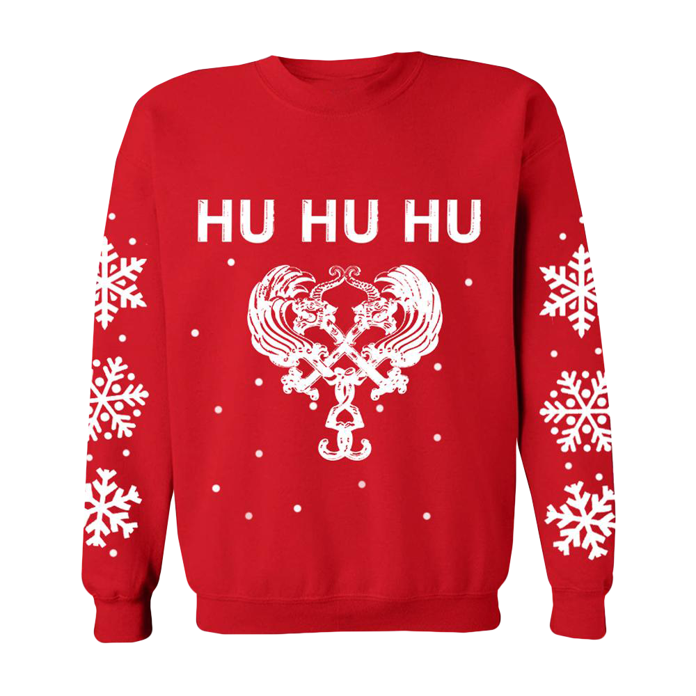 A red crewneck sweatshirt with white snowflake patterns and the text 'HU HU HU' in large letters on the front.