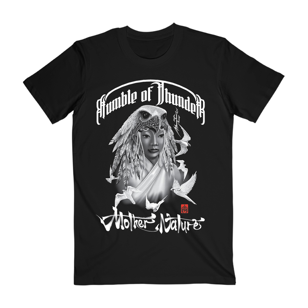 Front view of The Hu’s Mother Nature Tee, printed with symbolic black and white art.