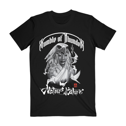 Front view of The Hu’s Mother Nature Tee, printed with symbolic black and white art.