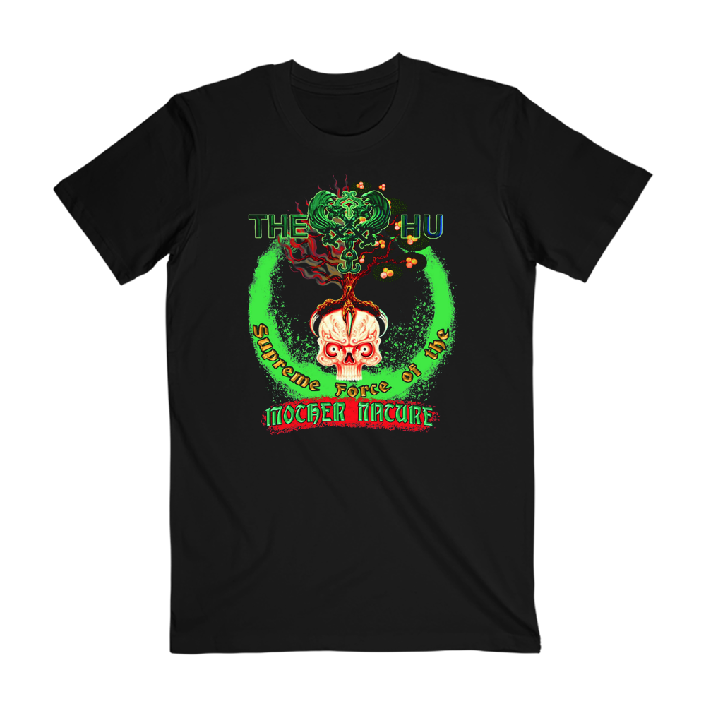 The Hu band tee with bold front graphic honoring nature’s strength, printed in vivid colors on a black cotton shirt.