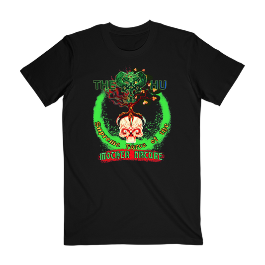 The Hu band tee with bold front graphic honoring nature’s strength, printed in vivid colors on a black cotton shirt.