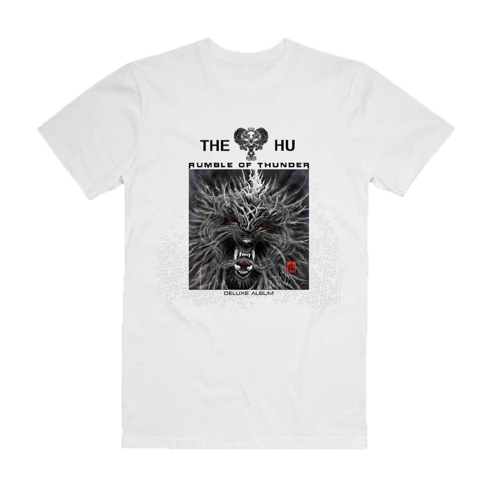The Hu white cotton t-shirt with deluxe artwork from Rumble of Thunder album on chest.