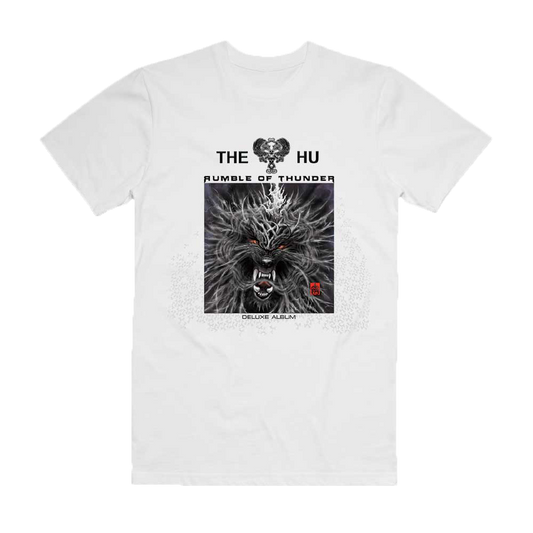 The Hu white cotton t-shirt with deluxe artwork from Rumble of Thunder album on chest.