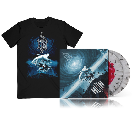 Black t-shirt and vinyl record set with artistic design on a white background