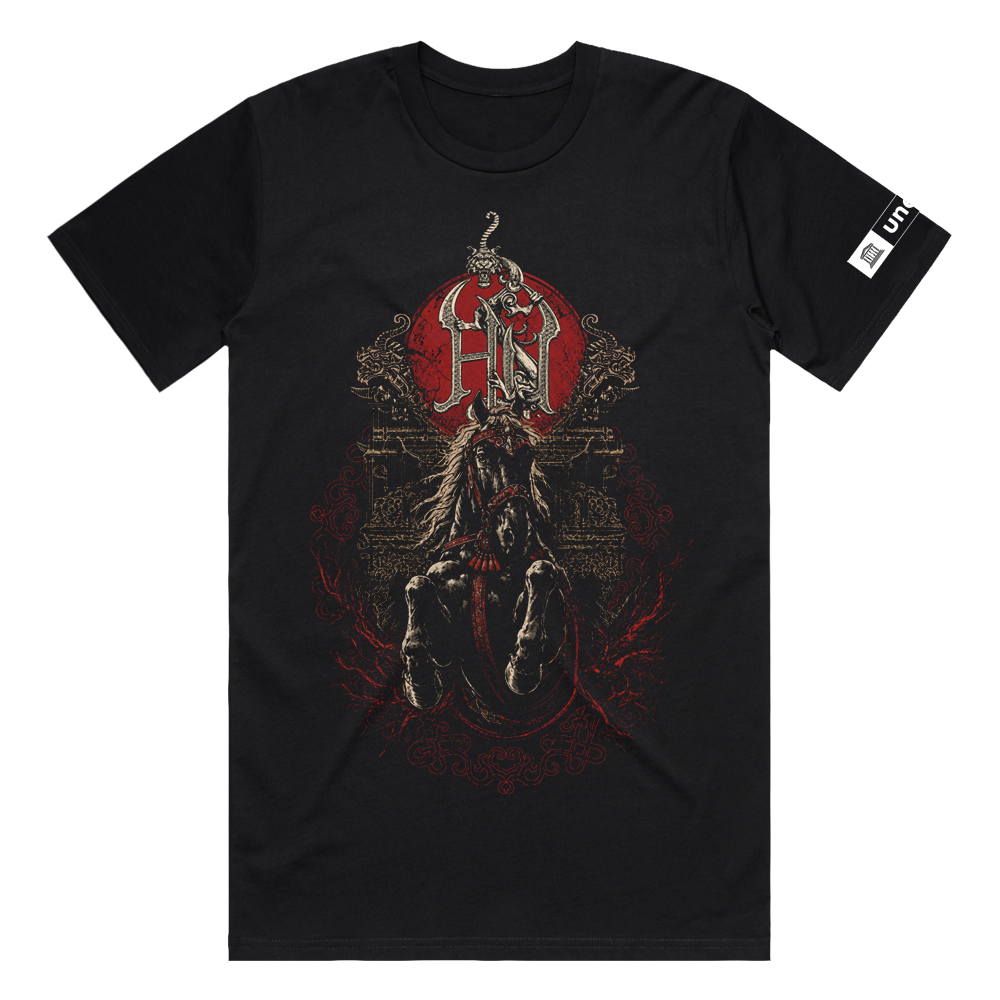 Black t-shirt with a graphic design featuring a horse and red emblem on a white background