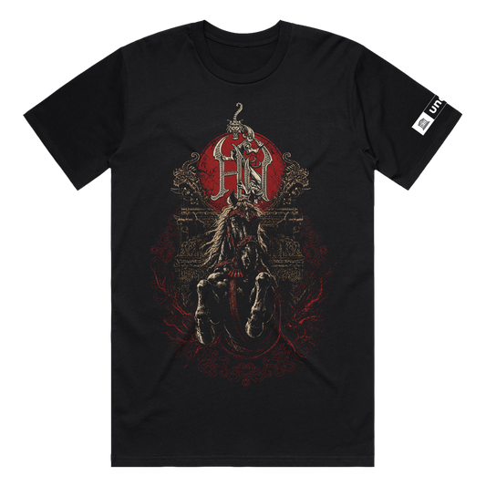 Black t-shirt with a graphic design featuring a horse and red emblem on a white background