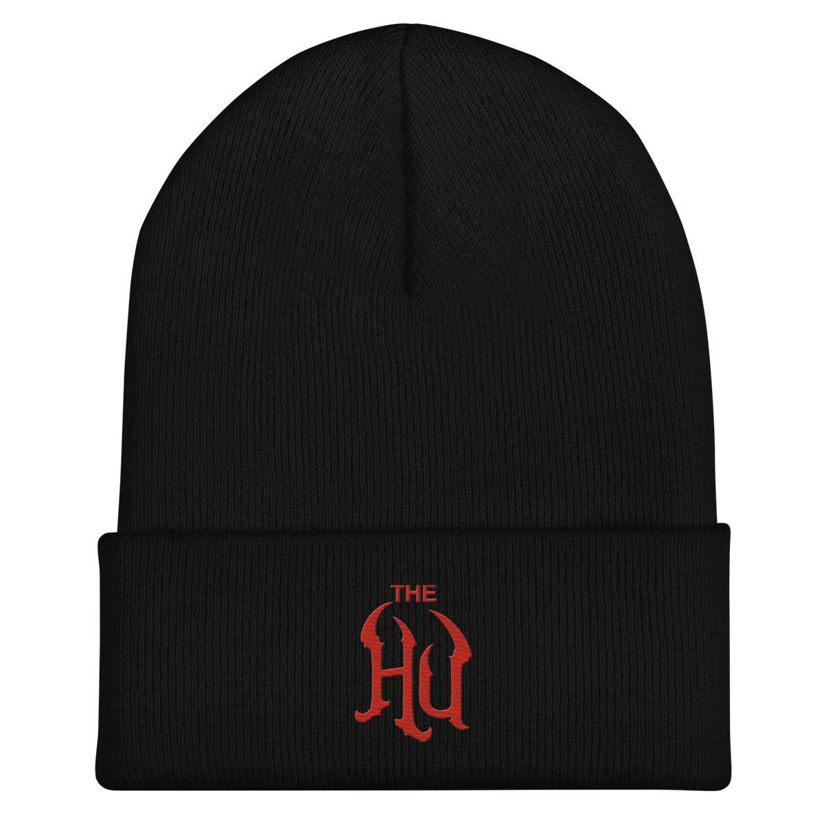 A black ribbed knit beanie with a folded cuff, featuring a red embroidered gothic-style 'THE HU' logo on the front cuff, set against a plain white background.