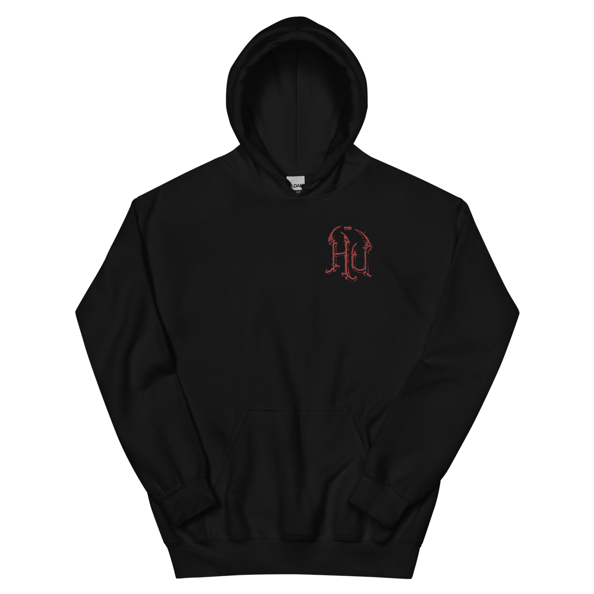 A black pullover hoodie with a small red gothic-style 'The Hu' logo on the left chest, displayed on a clean white background.