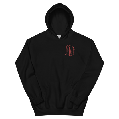 A black pullover hoodie with a small red gothic-style 'The Hu' logo on the left chest, displayed on a clean white background.