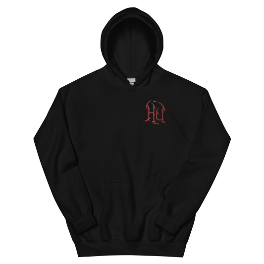 A black pullover hoodie with a small red gothic-style 'The Hu' logo on the left chest, displayed on a clean white background.