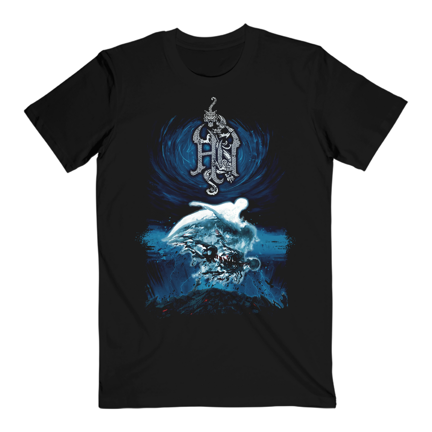 Black t-shirt with a blue graphic design featuring a character and text on a white background