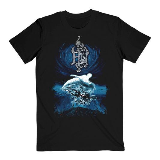 Black t-shirt with a blue graphic design featuring a character and text on a white background