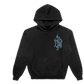 Black hoodie with a blue The Hu  logo on a white background
