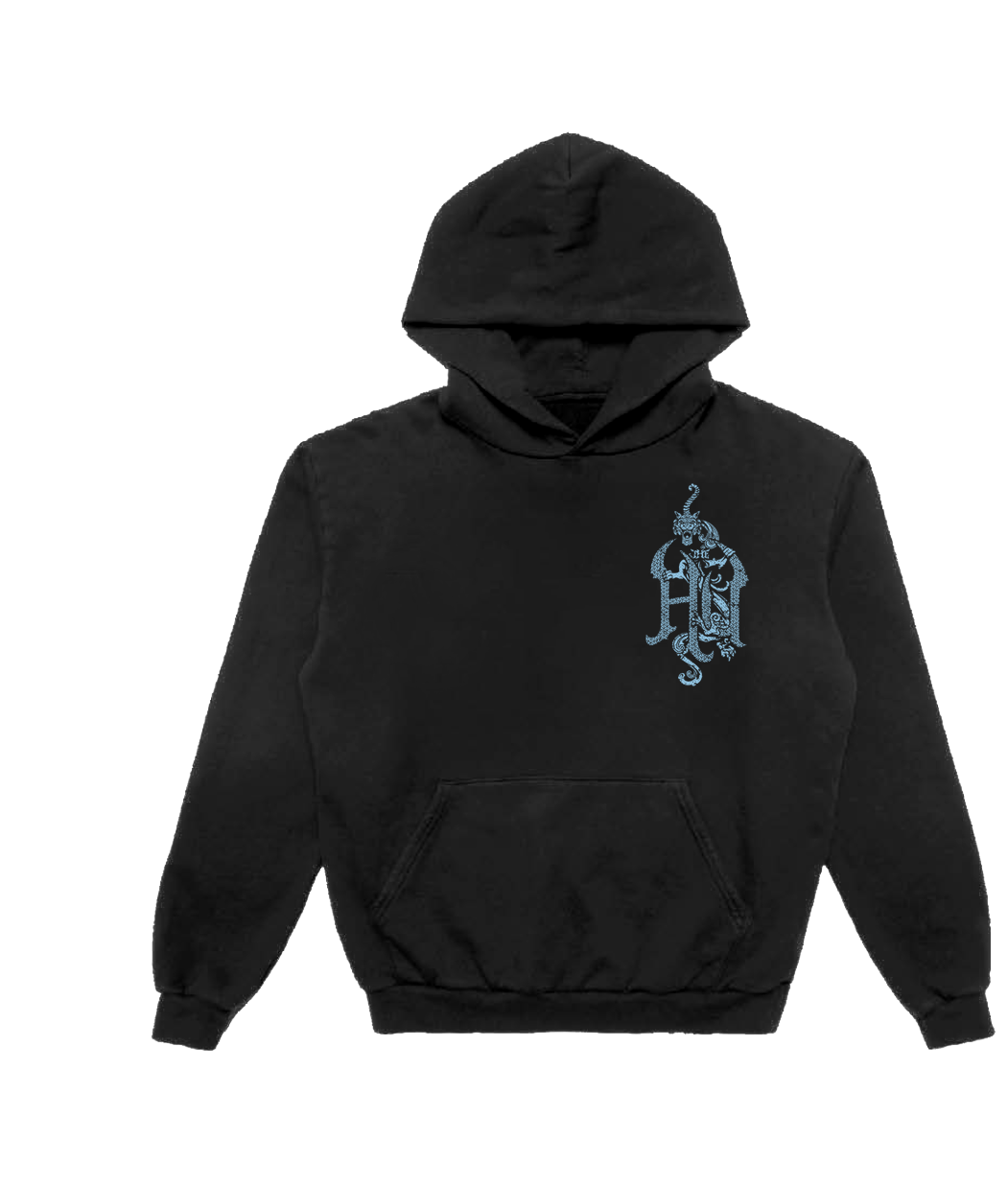 Black hoodie with a blue The Hu  logo on a white background