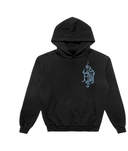 Black hoodie with a blue The Hu  logo on a white background
