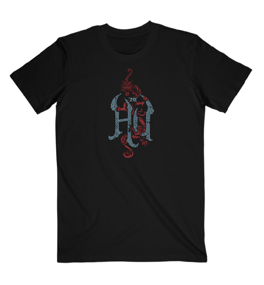 Black t-shirt with a colorful graphic design on a white background